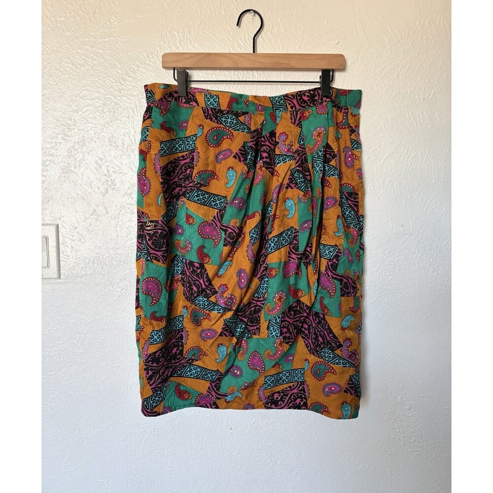 Vintage 100% Silk Green Mustard Multicolor Paisley Print Skirt Size 14